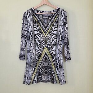 JM Collection Tunic Top Women M Multicolor 3/4 Sleeve V Neck Geo Snake Print 90s